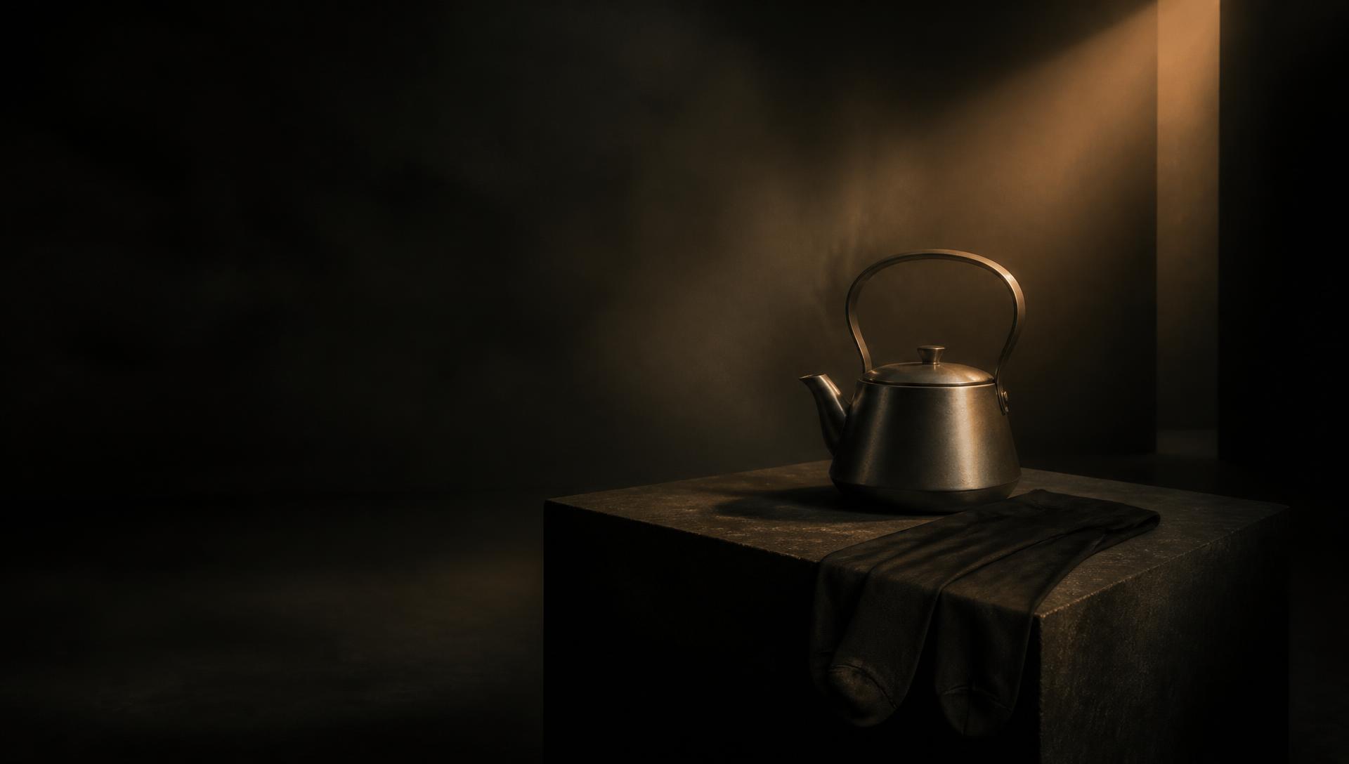 A steel kettle and folded hosiery lit by a single warm beam in a dark room